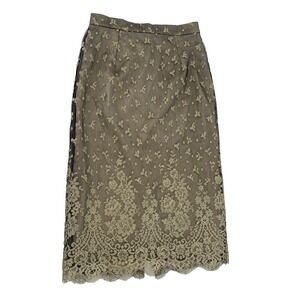 PEGGY JENNINGS Pencil Skirt Lace Overlay Silk Champagne Beige Black  Size Small*
